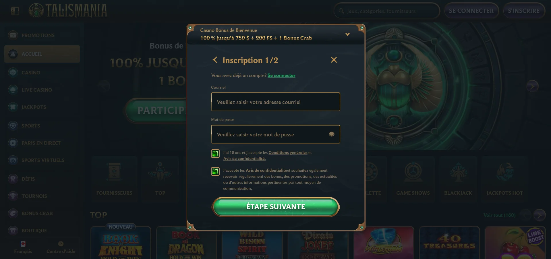 Comment s'inscrire sur Talismania casino ?